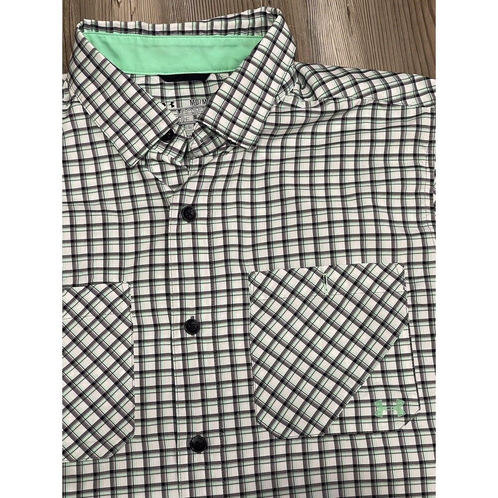 Under Armour Shirt Mens Large Green Plaid Short Sleeve Button Up Loose